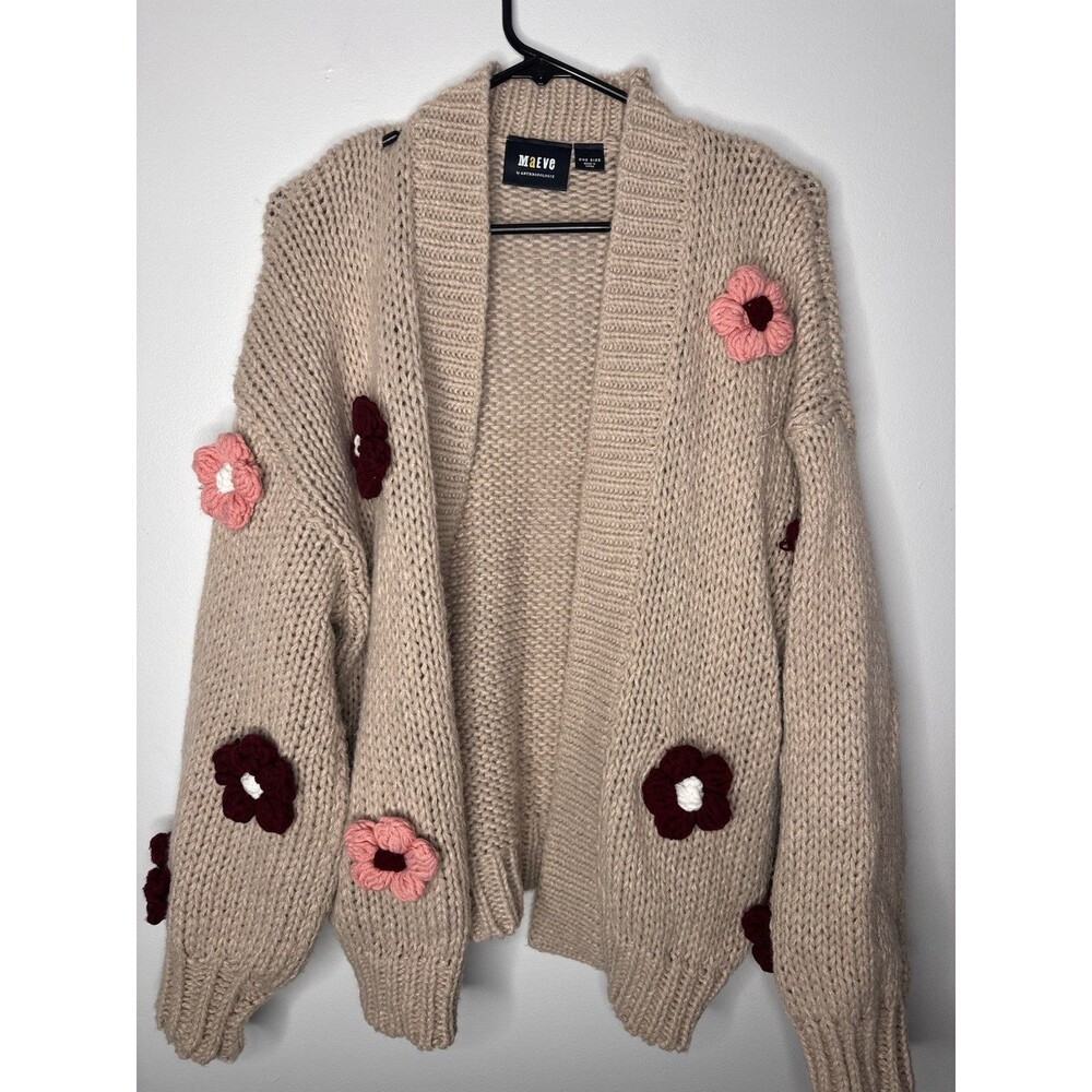Maeve Anthropologie One Size Chunky 3D Flower Knit Brown/Orange Cardigan